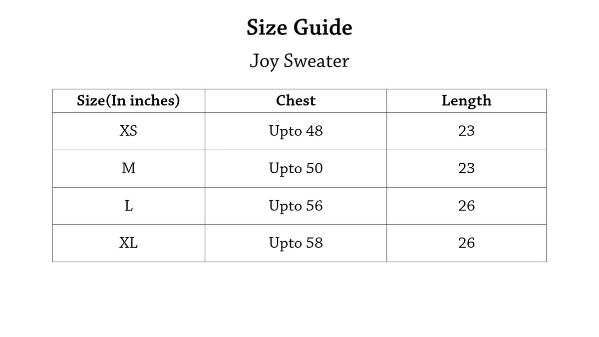 Joy Sweater Size Chart