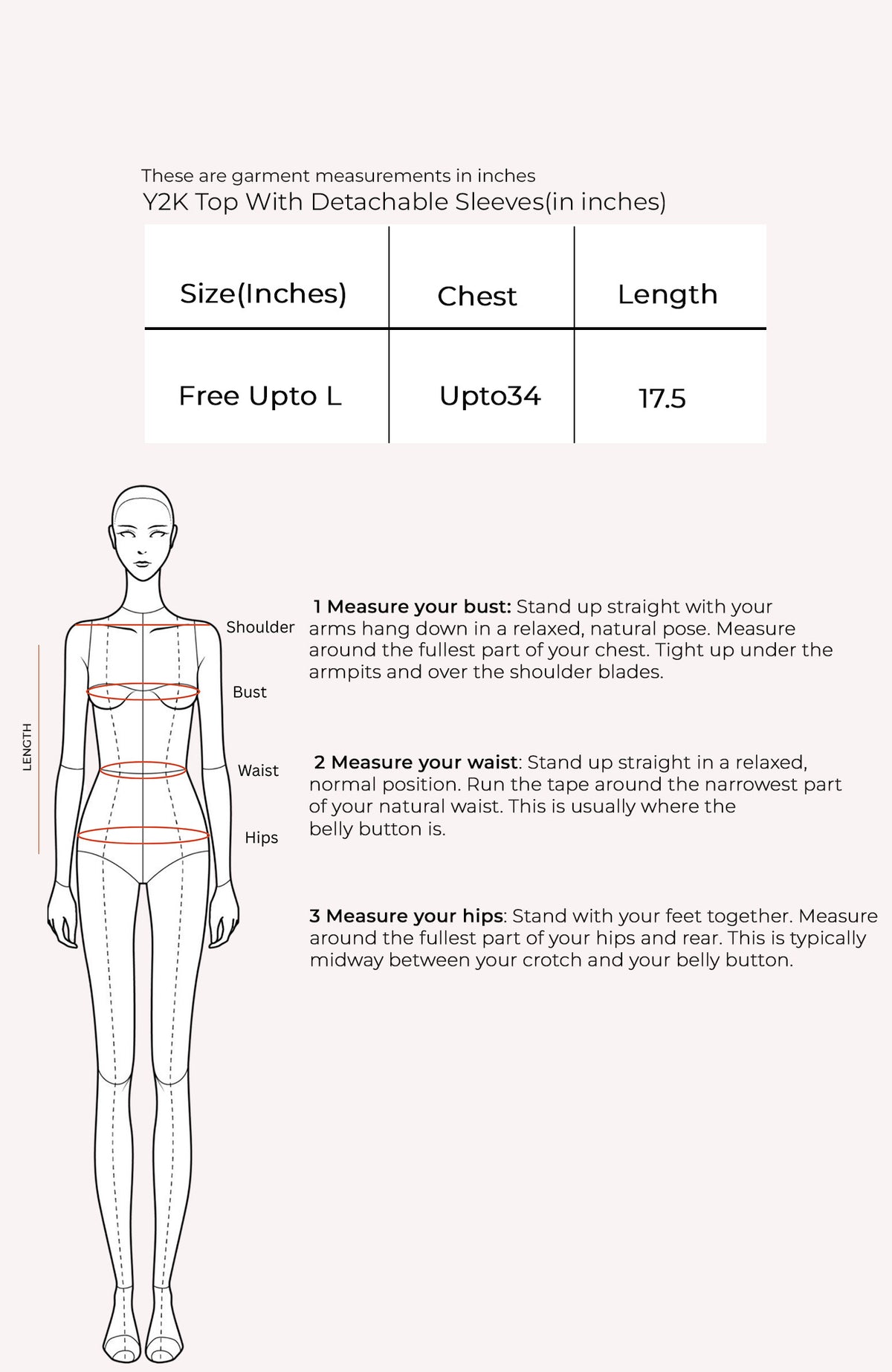 Y2K Top With Detachable Sleeves Size Chart
