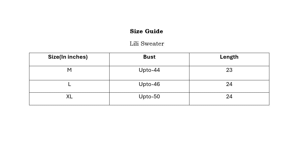 Lili Sweater Size Chart