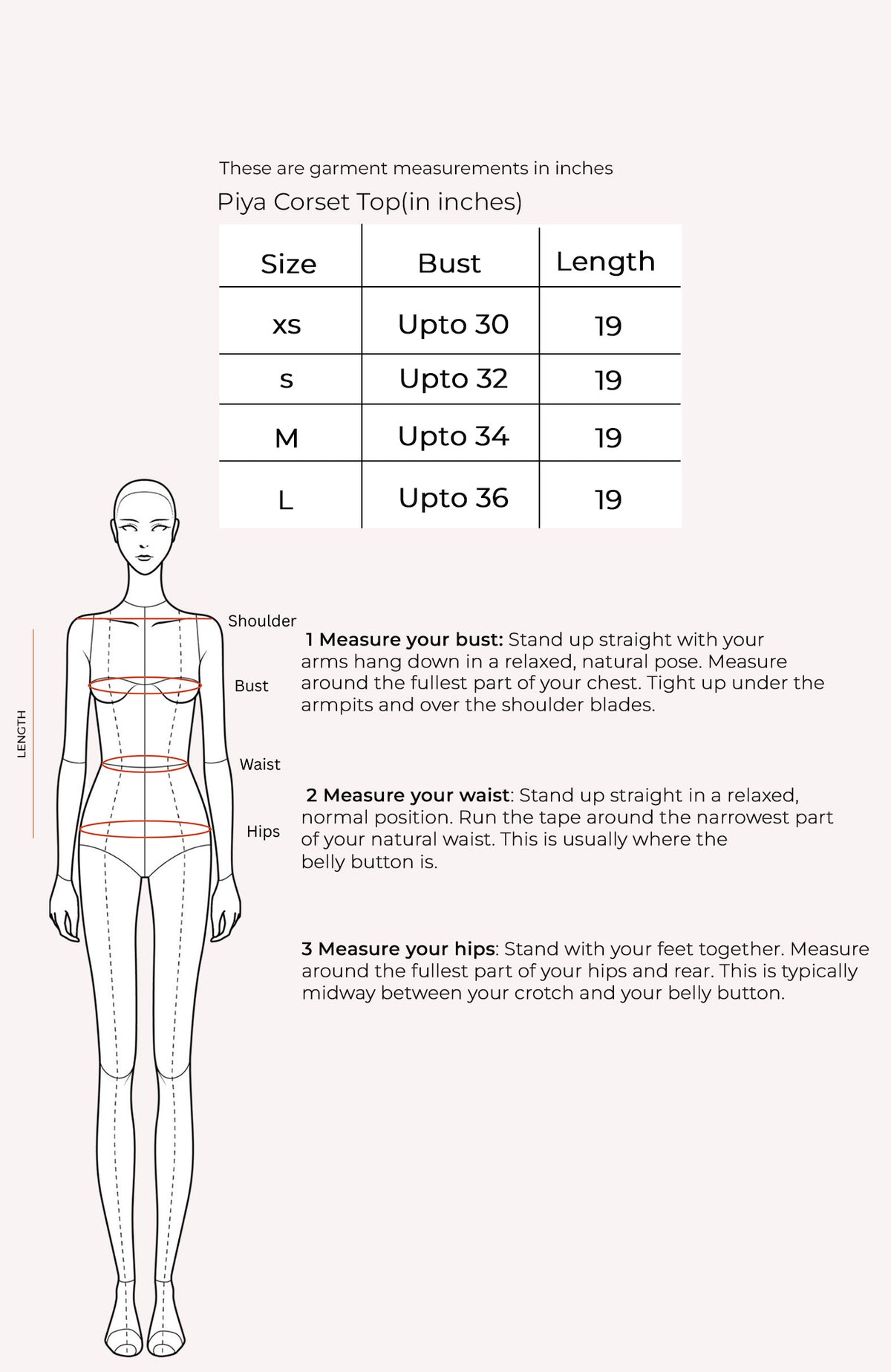 Piya Corset Top Size Chart