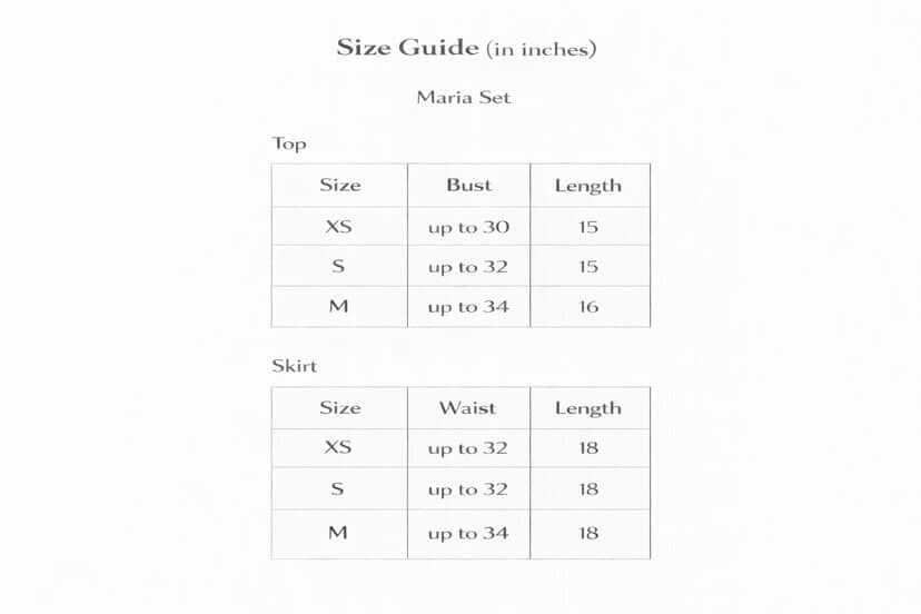 Maria Set Size Chart