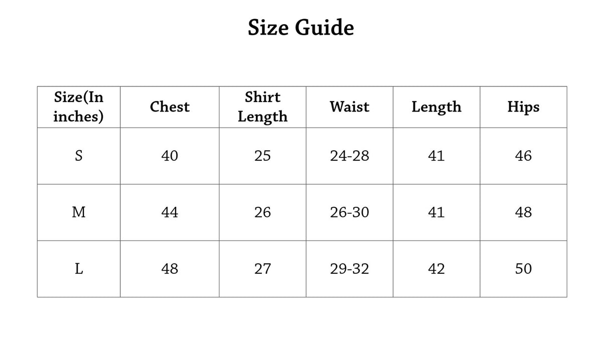 Cove Nightsuit Size Chart