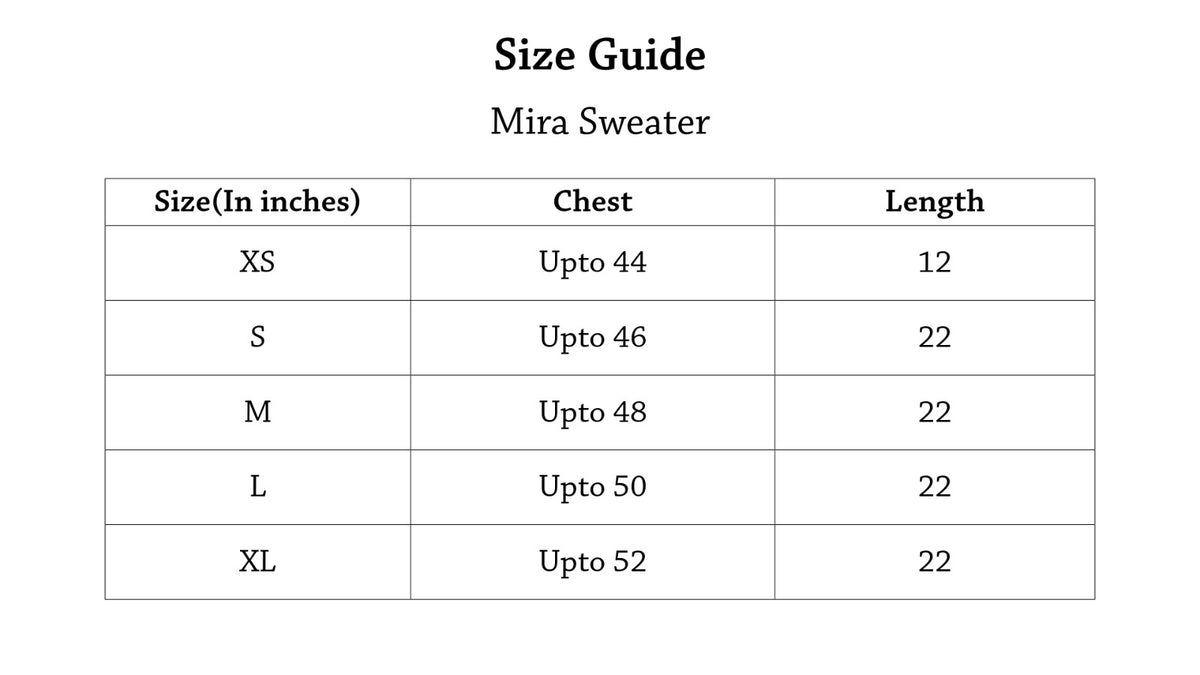 Mira Sweater Size Chart