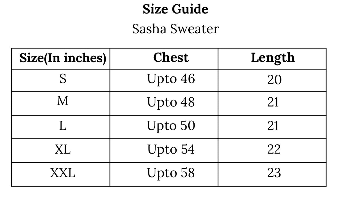 Sasha Sweater Size Chart