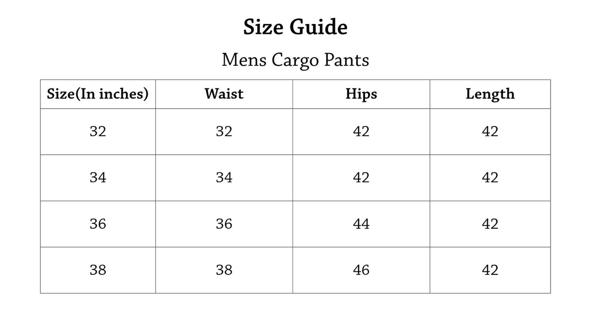 Utility Cargo Pants Size Chart