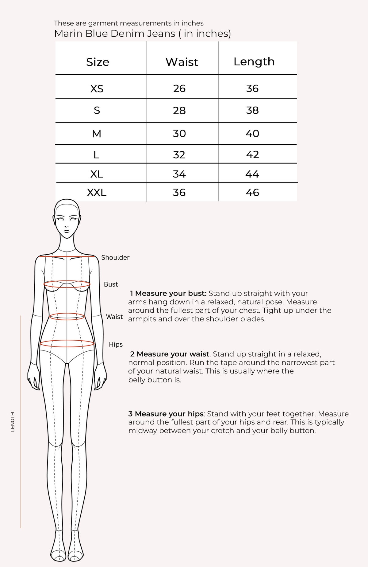 Marine Blue Denim Jeans Size Chart