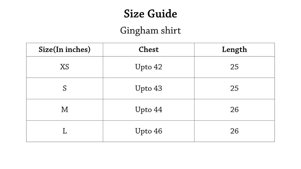 Gingham Shirt Size Chart