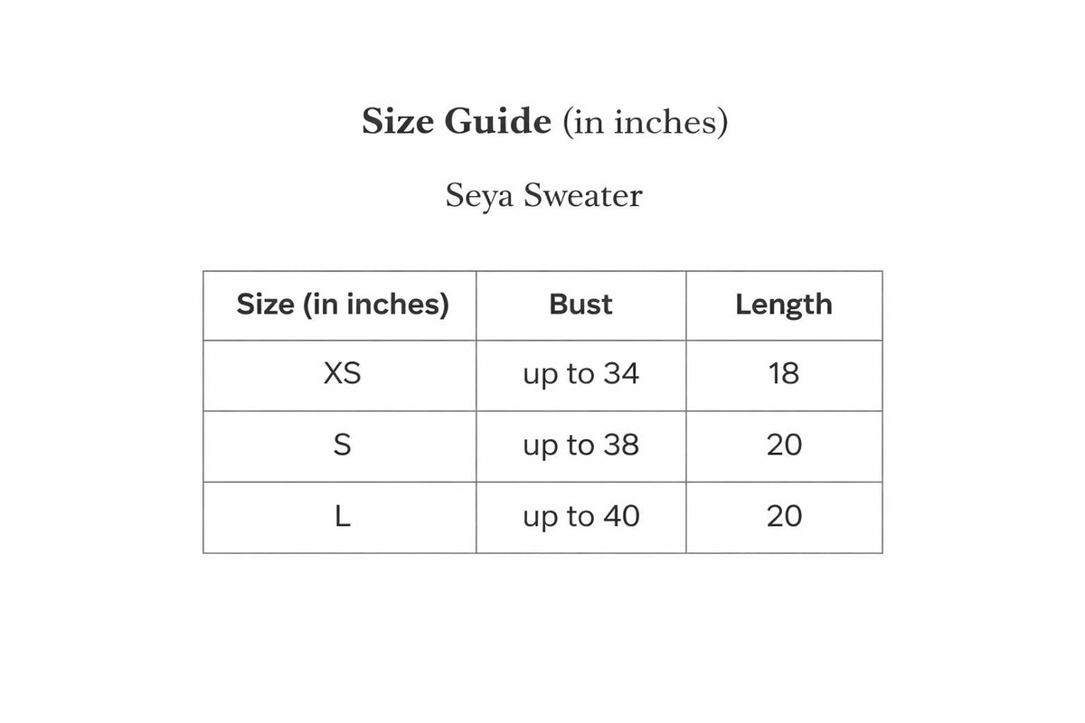 Seya Sweater Size Chart