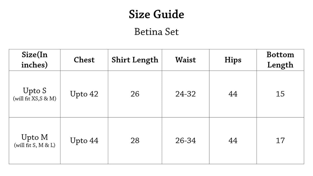 Betina Set Size Chart