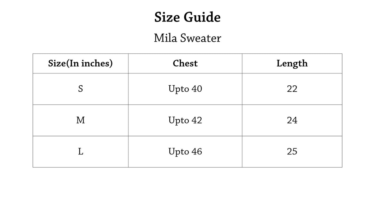 Mila Sweater Size Chart