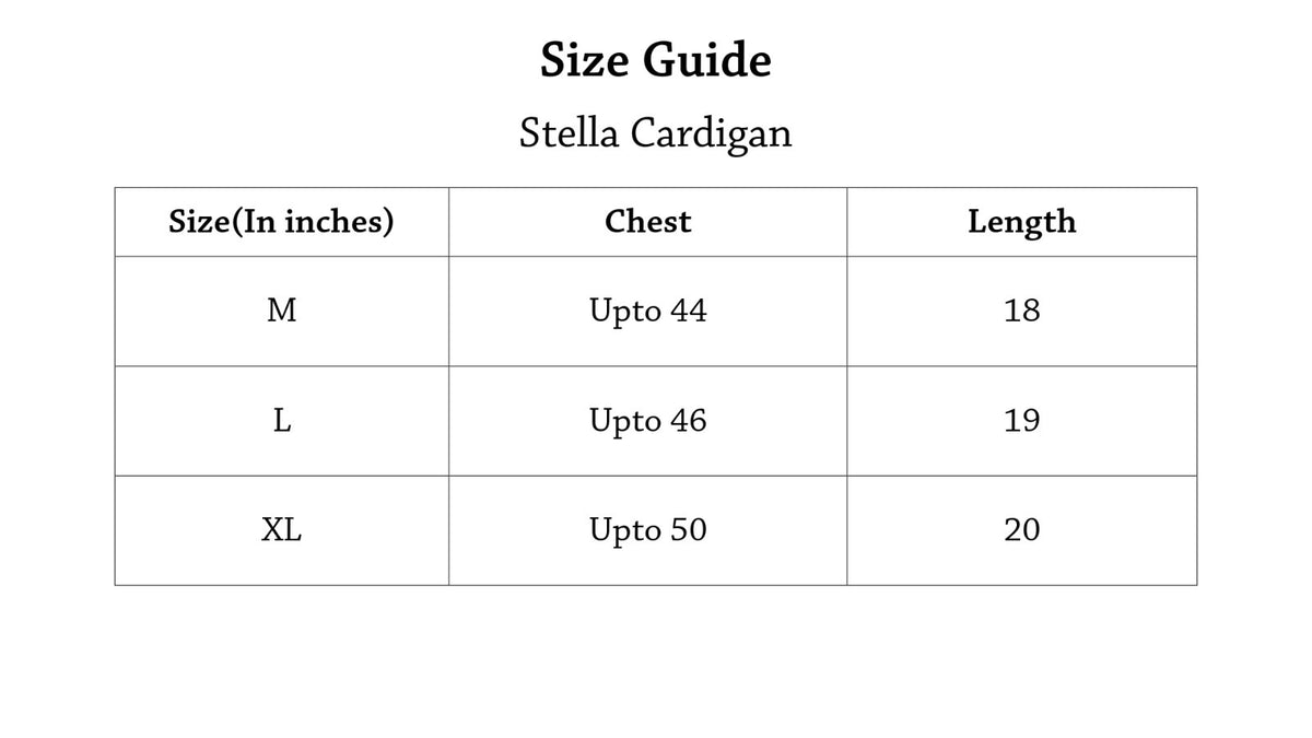 Stella Cardigan Size Chart