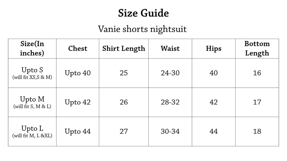 Vanie Shorts Nightsuit Size Chart