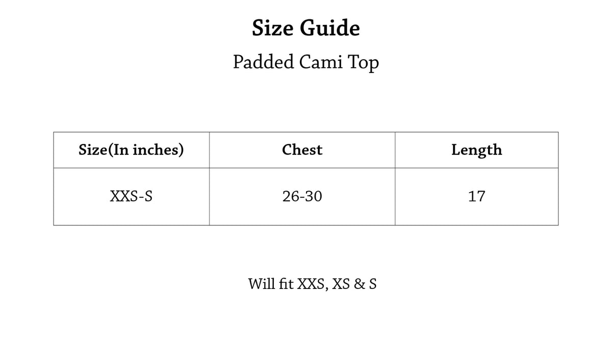 Padded Cami Top Size Chart