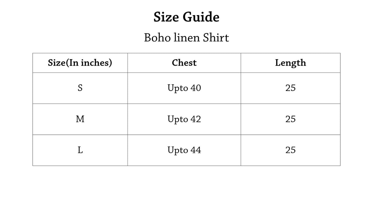 Boho Linen Shirt Size Chart