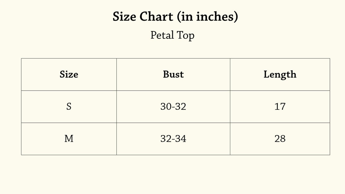 Petal Top Size Chart