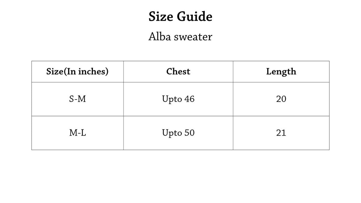 Alba Sweater Size Chart