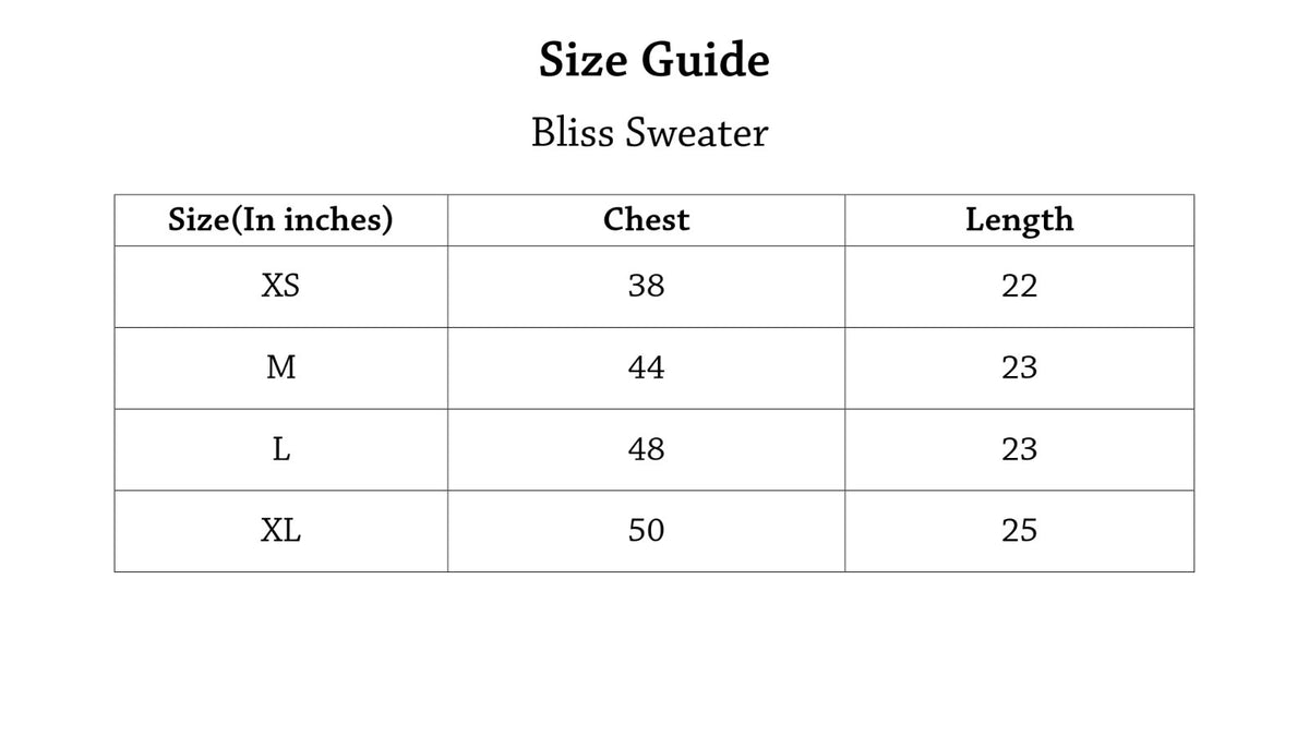 Bliss Sweater Size Chart