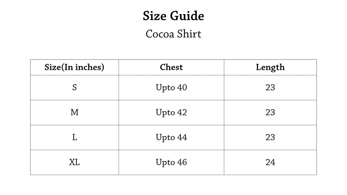 Cocoa Shirt Size Chart