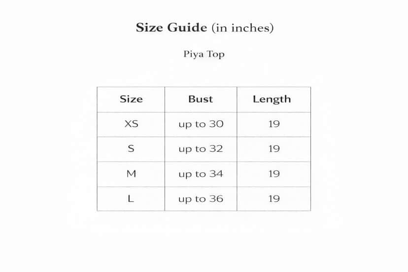 Piya Corset Top Size Chart