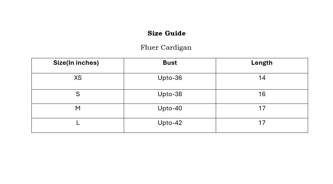 Fluer Cardigan Size Chart