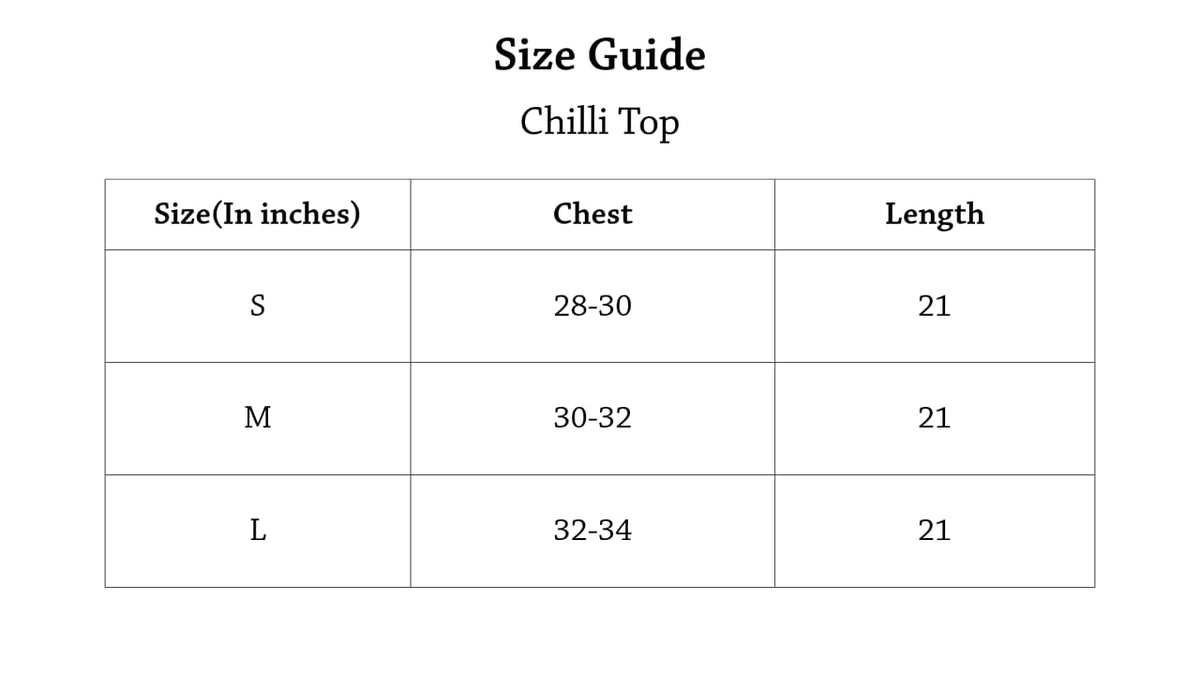 Chilli Top Size Chart