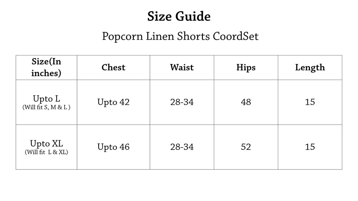 Popcorn Linen Shorts Coordset Size Chart
