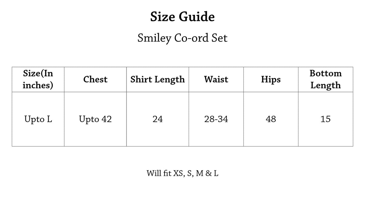 Smiley Co-ord Set Size Chart