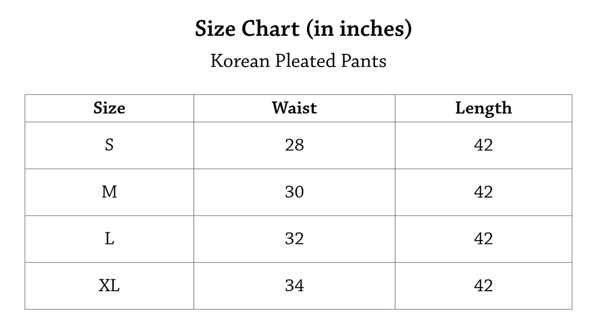 Korean Pleated Pants Size Chart