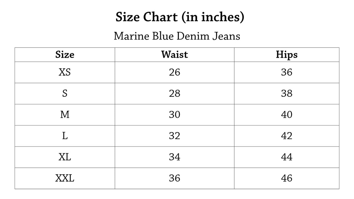 Marine Blue Denim Jeans Size Chart