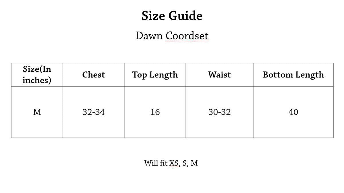 Dawn Co-ord set Size Chart