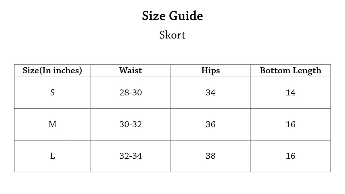 Skort Size Chart