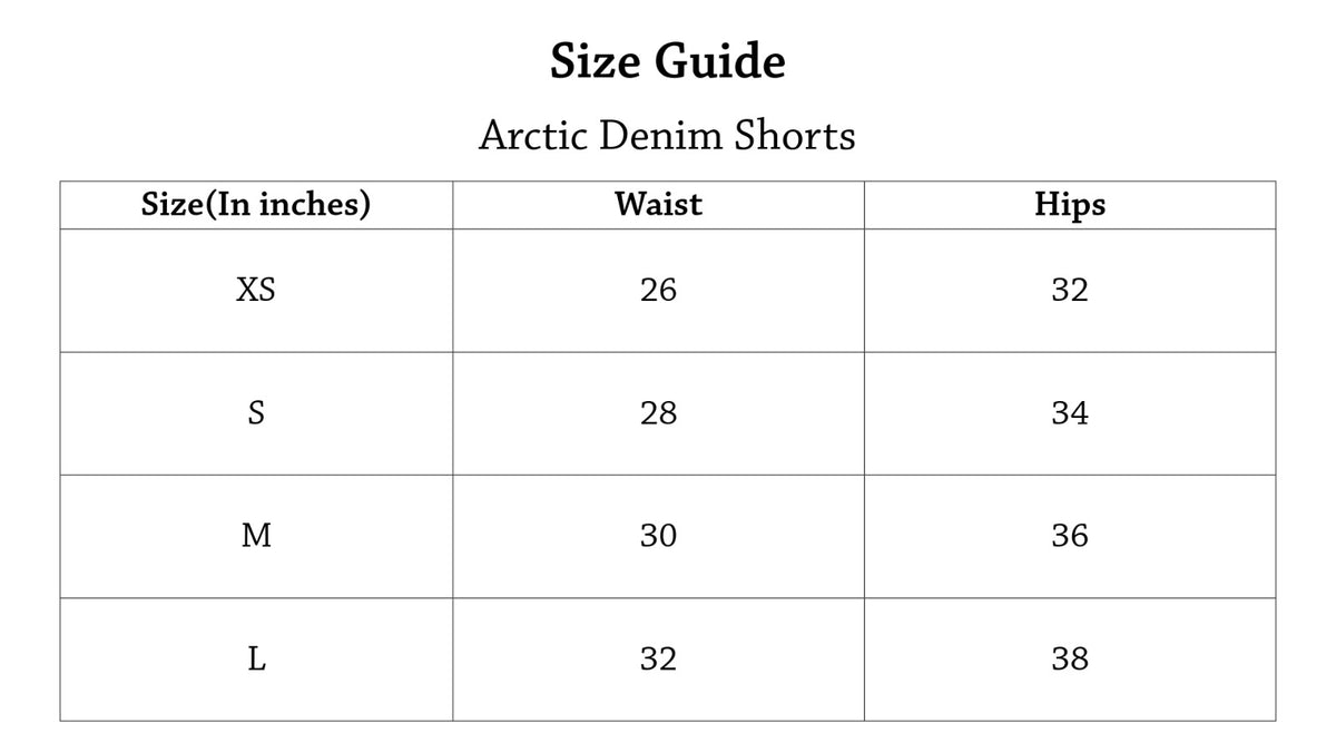 Arctic Denim Shorts Size Chart