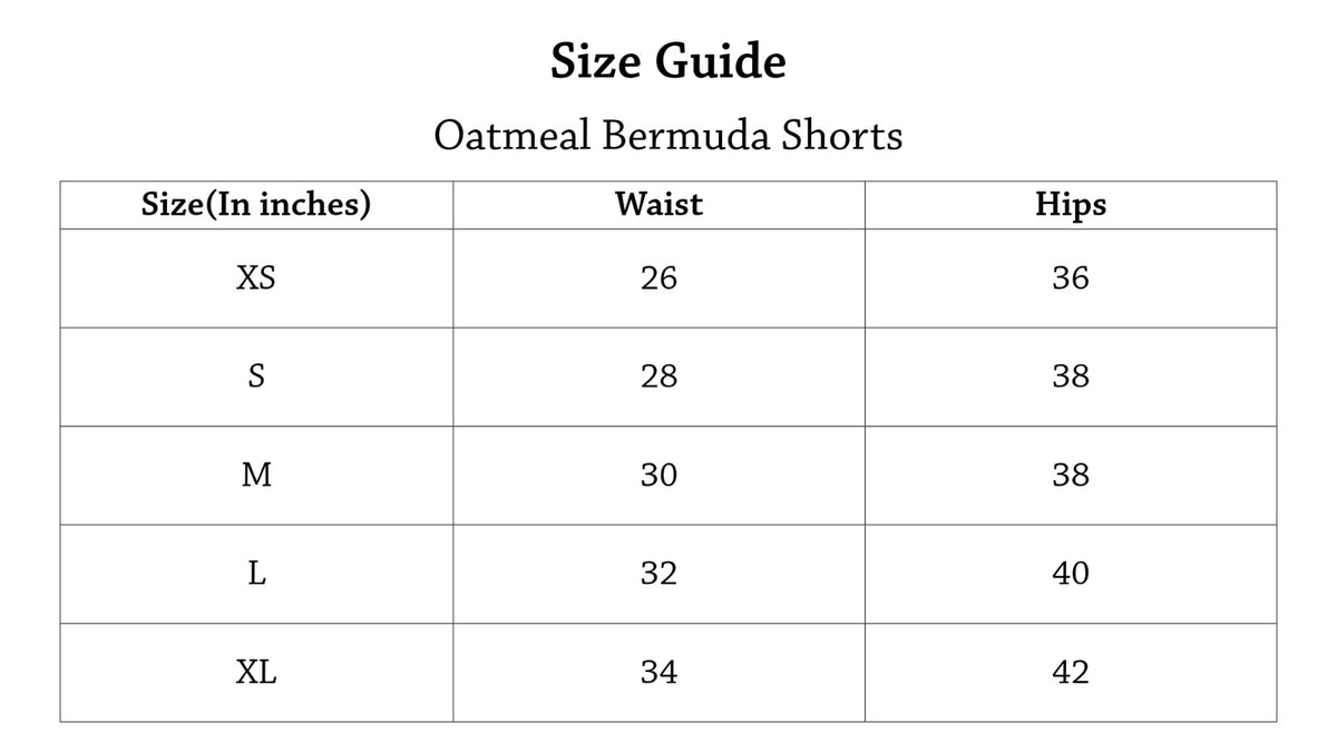 Oatmeal Bermuda Shorts Size Chart