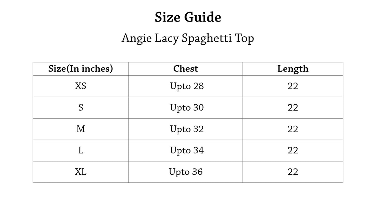 Angie Lacy Spaghetti Top Size Chart