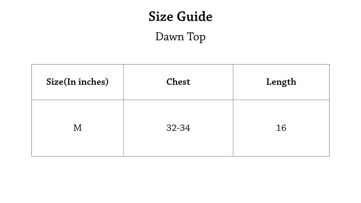 Dawn Top Size Chart
