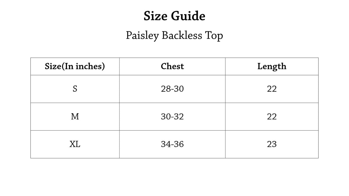 Paisley Backless Top Size Chart