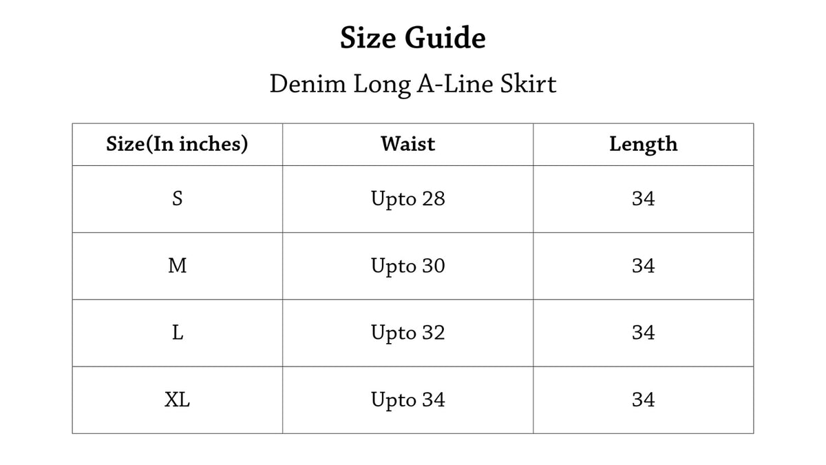 Denim Long A-Line Skirt Size Chart