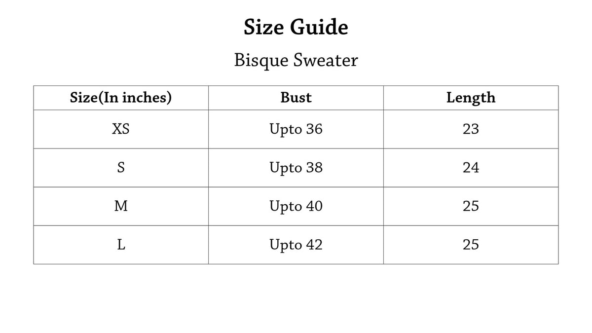 Bisque Sweater Size Chart