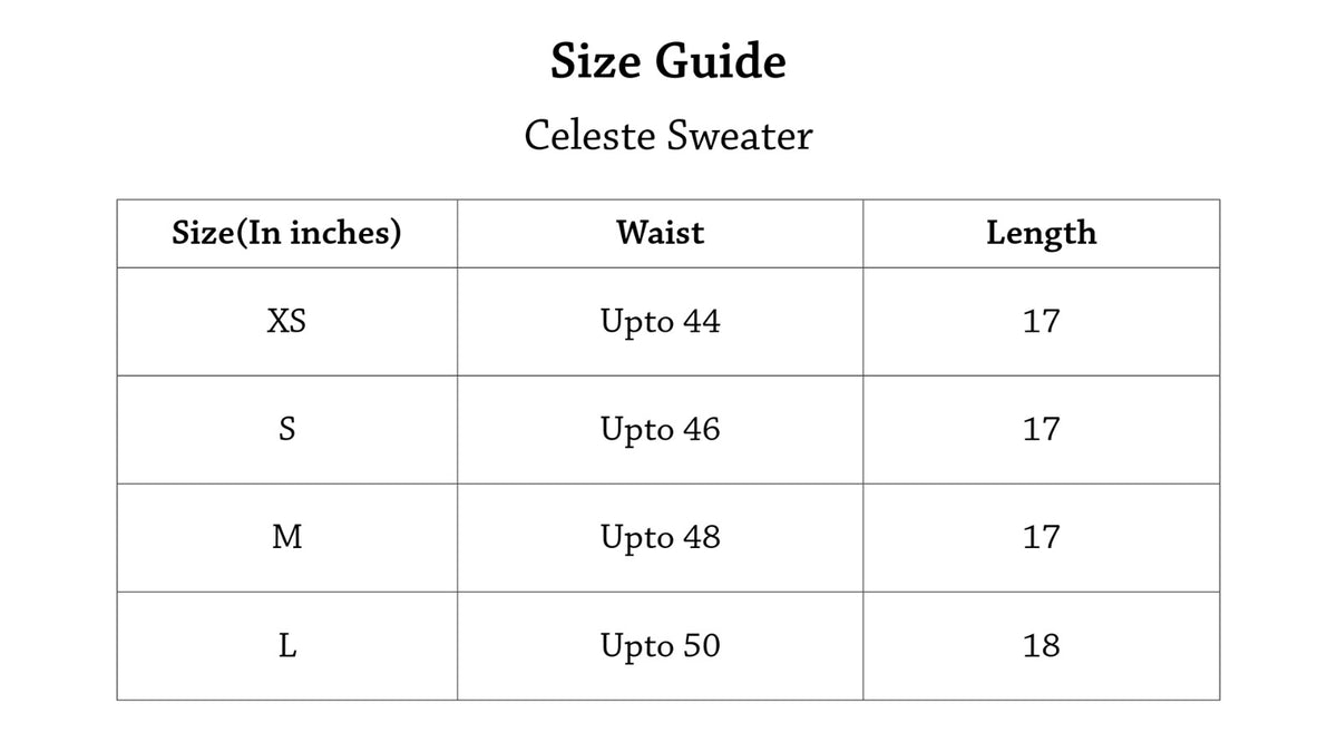 Celeste Sweater Size Chart