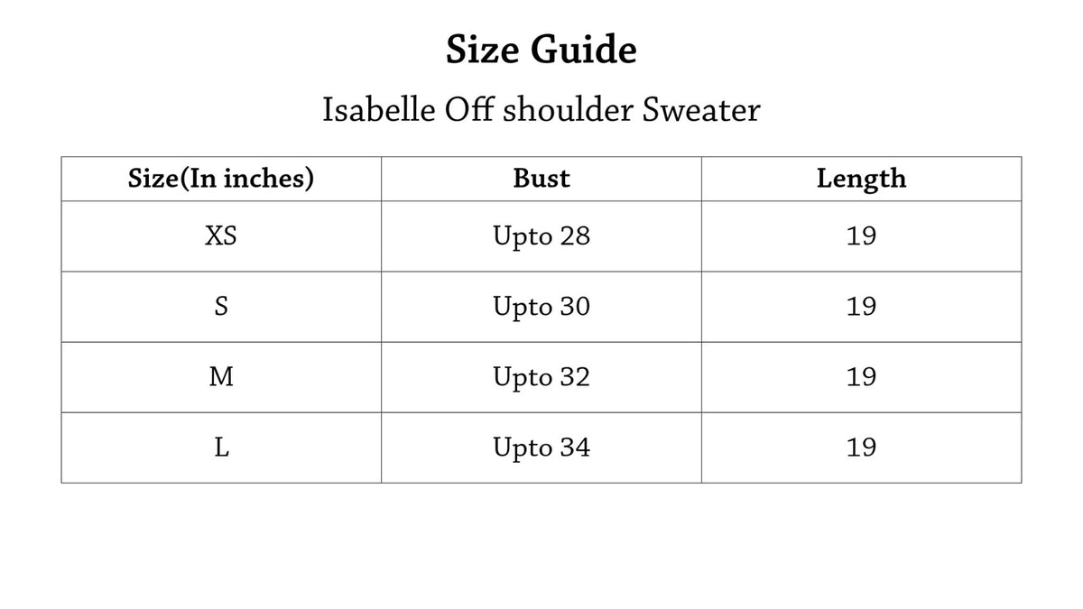 Isabella Off Shoulder Sweater Size Chart