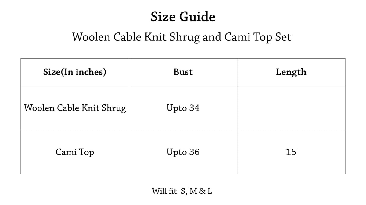 Woollen Cable Knit Shrug And Cami Top Set Size Chart